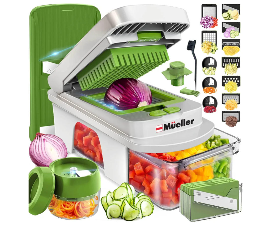 Mueller Pro-Series All-in-One, 8 Blade Mandoline Slicer for Kitchen, Food Chopper, Vegetable Slicer and Spiralizer, Cutter, Dicer, Grater, Kitchen Gadgets Sets with Container, White Sand/Pastel Green