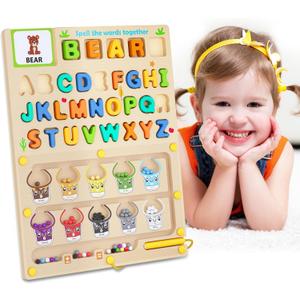 3 IN 1 Double Sided Montessori Toys- Magnetic Color and Number Maze, Toddler Wooden Alphabet Puzzles, Dry Erase Board, Preschool Learning Activities Toys for 3 4 5 6 Years Old Kids Girls Boys