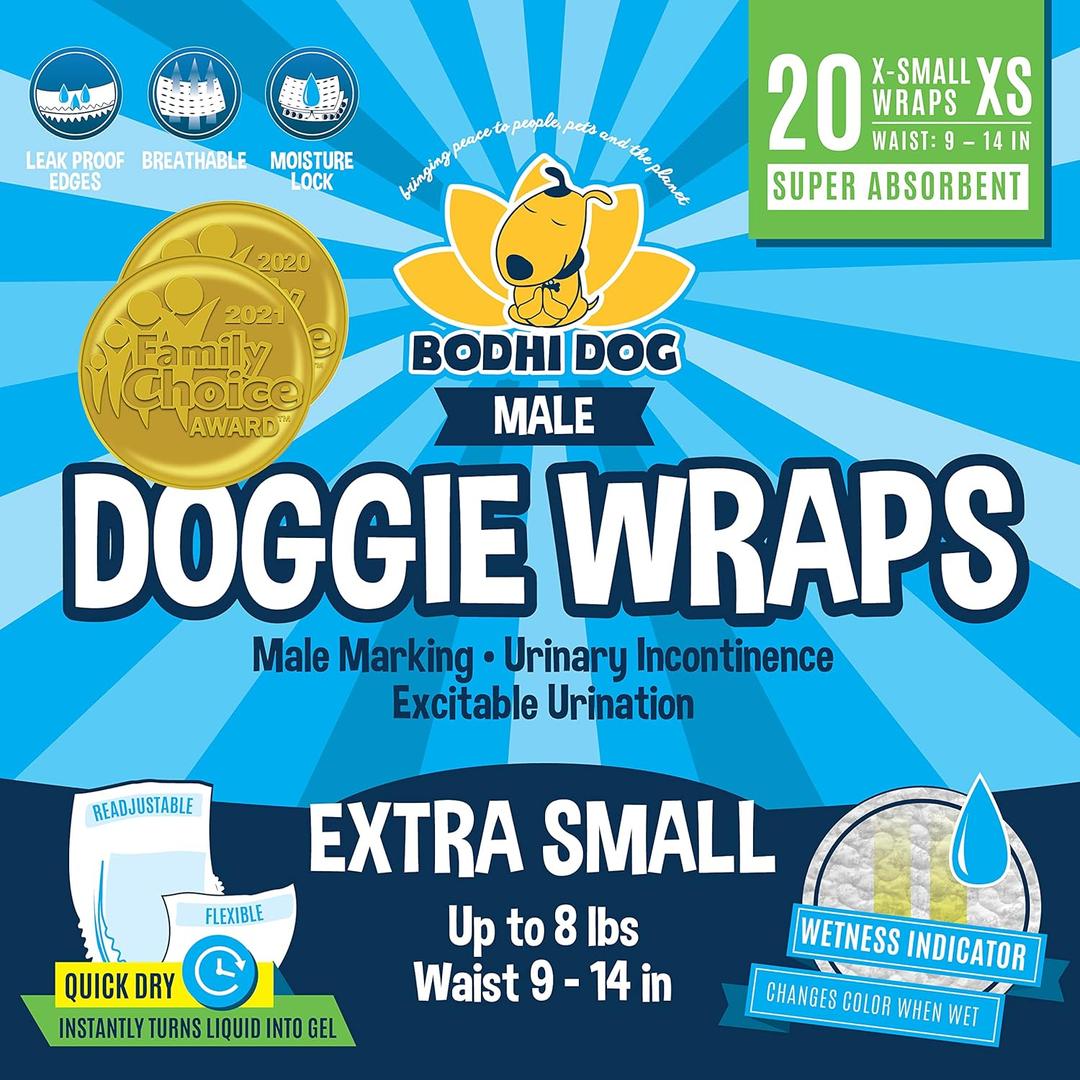 Bodhi Dog Disposable Male Dog Diapers - Super Absorbent, Leak-Proof Pee Wraps - Adjustable Fit, Comfortable Design, Advanced Moisture Control, and Wetness Indicator - Extra Small (20 Count)