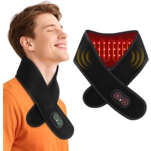 Neck Heating Pad for Pain - Heated Neck Wrap with Electric Massager, Cordless Heating Pad for Neck with 660nm & 850nm Red Light, Heated Neck Brace, 3000mAh, 3 Levels Heat & Massage