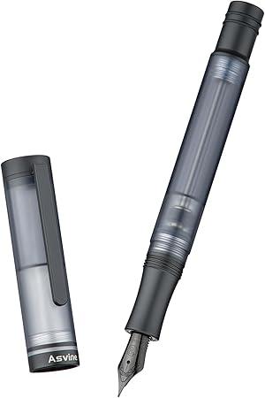 Asvine V200 Titanium Fountain Pen Vacuum Filling, Matte Black Medium Nib Clear Demonstrator Acrylic with Pen Case and Wrench