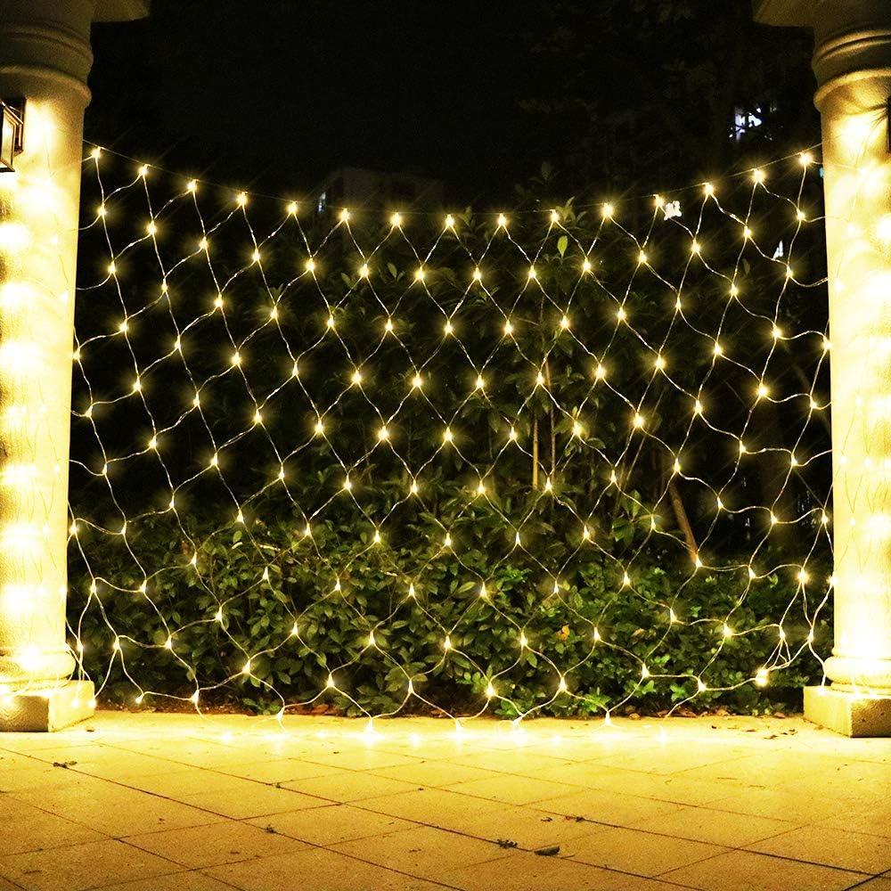 Net Light Outdoor Mesh Christmas Decorations, 100LED String Light Plug in Connectable Tree Warp Hanging 5ft x 5ft for Halloween, Shrubs, Lawn, Backyard, Walkway, Bushes, Garden Decor-Warm White
