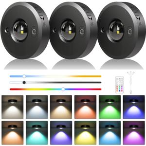 3 Pack Rechargeable Puck Lights - LED Puck Lights with Remote Control, Dimmable, 12 Colors & 2 Dynamic, 1000mAh Battery Operated, Timer - Magnetic Stick on Light, Ideal for Kitchen, Cabinets, Closet