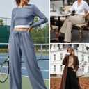 Angerella Womens Baggy Wide Leg Pants High Waisted Casual Lounge Pant Loose Comfy Stretchy Trousers with Pockets (Blue, L)