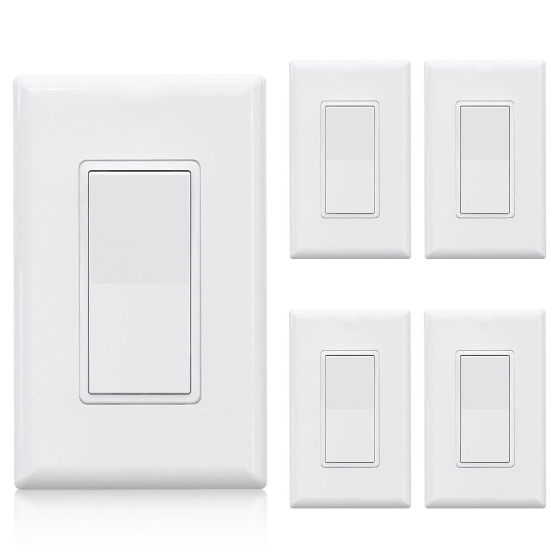ELEGRP 3 Way Decorator Light Switch, 15Amp, 120-277 Volt, AC Rocker Paddle Wall Switch Replacement, Self-Grounding, Residential Grade, Screwless Wall Plate, UL Listed (5 Pack, Glossy White)