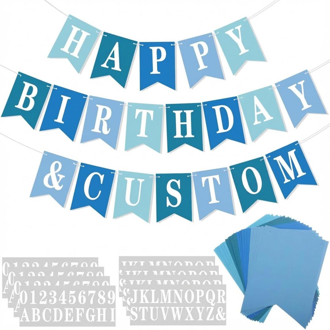 171 Pcs DIY Custom Banner Kit Make Your Own Customizable Sign for Birthday Wedding Party Decoration Include 20 Paper Pennant 148 Letters and Numbers 1 Rope 2 Threading Device(Blue Series)