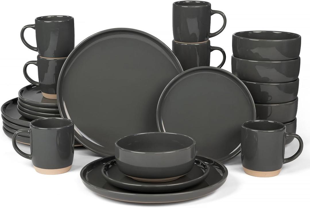 OTAGO 24-Piece Grey Stoneware Dinnerware Set for 6 with Mugs, Plates and Bowls Sets with Partially Unglazed Base, Scratch Resistant Ceramic Dish Set, Microwave & Dishwasher Safe for Kitchen, Gray
