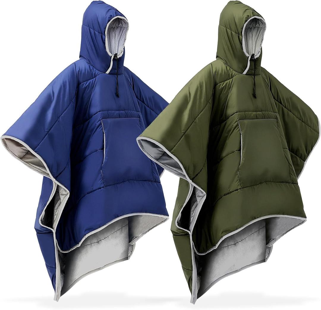 Preboun Thermal Poncho Wearable Hooded Blanket Winter Poncho Wearable Sleeping Bag Water Resistant Windproof for Men Women, Green, Navy Blue, 2