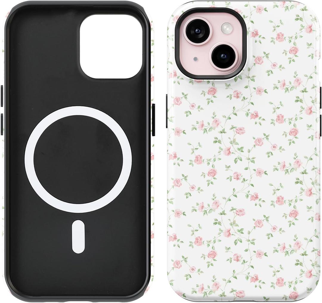 Compatible with iPhone 15/14/13 Case [8 ft Drop Tested] Compatible with MagSafe - Cute Pink Floral Mag Series Cases for Women Girls (iPhone 15/14/13 6.1")