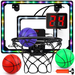 Basketball Hoop Indoor for Kids,LED Light Mini Basketball Hoop with 3 Balls & Electronic Scoreboard,Over The Door Basketball Hoop, Basketball Boy Toys Gift for Kids 3-12 Year Old Boys Girls Teen