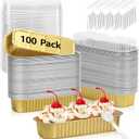 Ruckae 100 Pack Mini Loaf Pans with Lids and Spoons Disposable Aluminum Tin Foil Pans Rectangle Mini Loaf Cake Pan for Baking,Party,Picnics,Gifts (Gold)