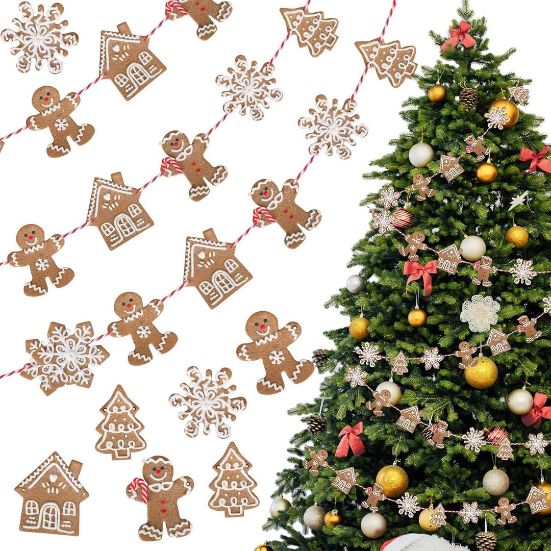 9.8 ft Polymer Clay Dough Gingerbread Man Garland Christmas Decoration Gingerbread Ornaments for Christmas Tree Wreath Mantel Fireplace House Snowflake Banner for Holiday Room Wall Decoration