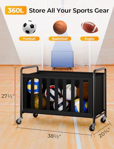 StorageWorks Ball Storage with Wheels, Ball Cart for Garage, Garage Sports Equipment Organizer with Hooks, Balls Organizer for Basketball, Football, Volleyball, Ball Storage(360L)