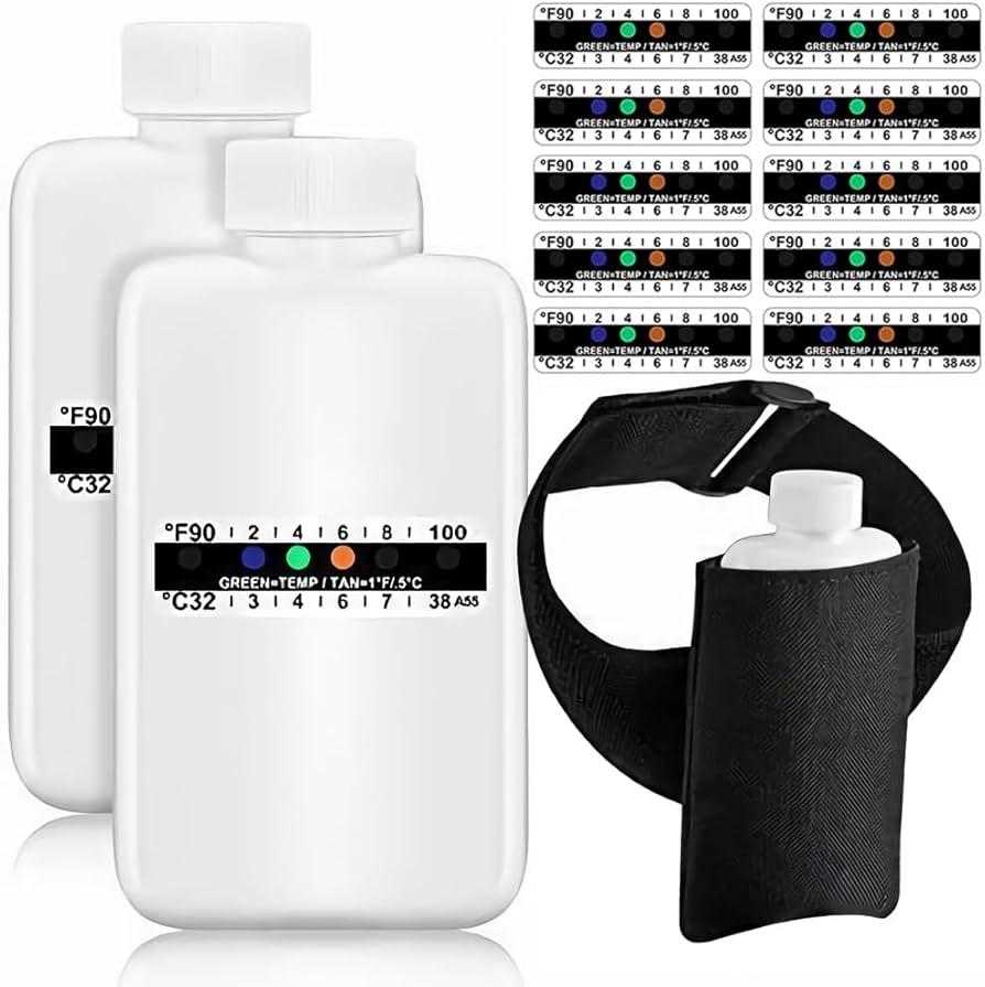 14 Pcs Urine Show Complete Kit 2 Portable Empty Bottles 10 Adhesive Temperature Show Strip Hidden Leg Strap Urine Oxford Pouch Urine Test Bottles (Simple Style)