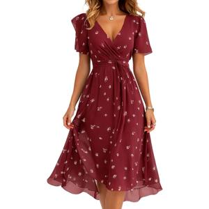 Summer Dresses for Women 2026 Floral Chiffon Dress Casual Short Sleeve Empire Waist Midi Dress Beach Vacation Outfits (Red)