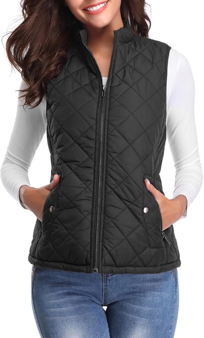 Fuinloth Women's Lightweight Warm Puffer Quilted Vest - 4-Pockets Stand Collar Zip Gilet, Fall Winter Outerwear (Black, Small)