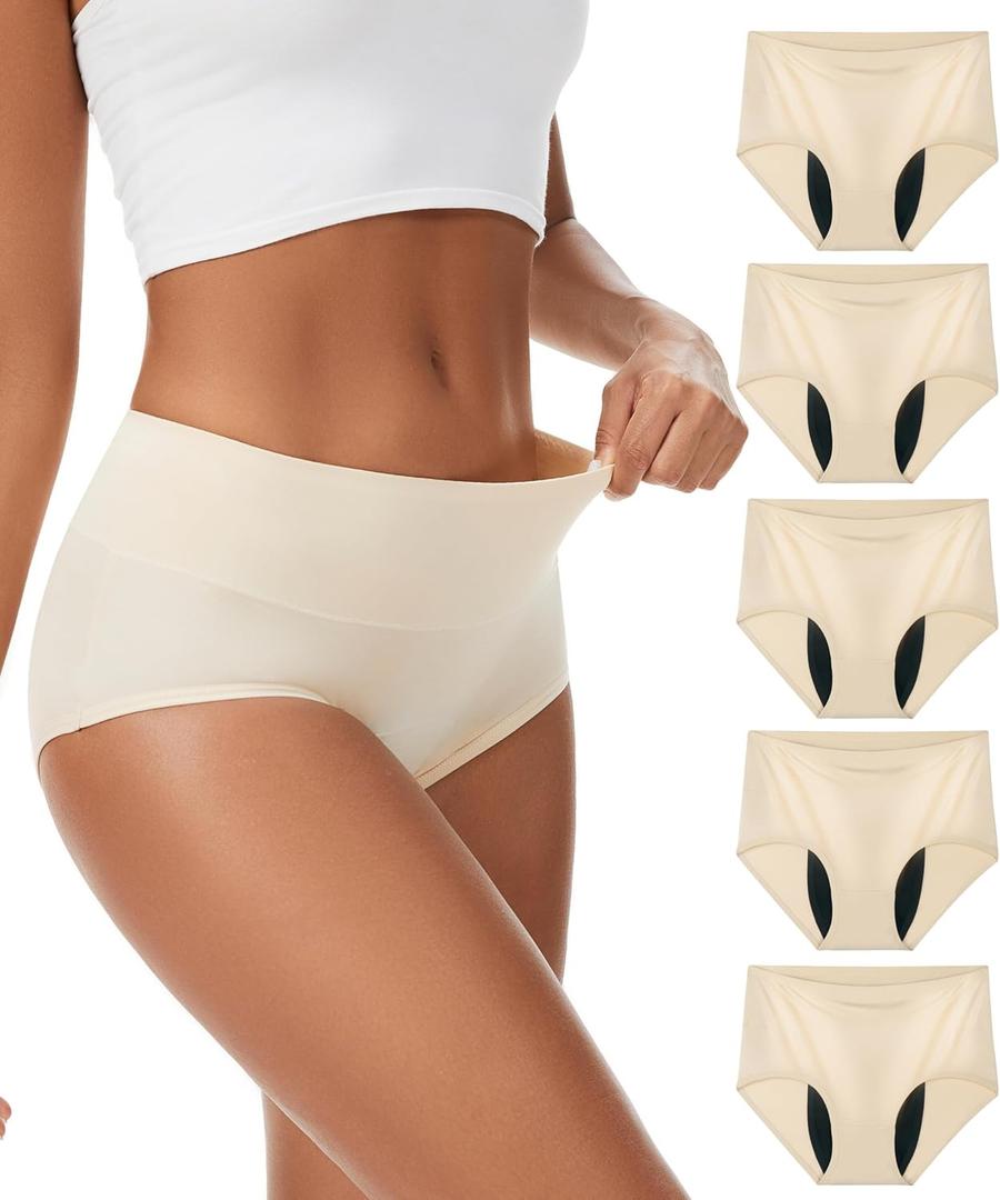 YESWEL Incontinence Underwear For Women, Reusable Washable Leak-proof Lightweight Briefs for Postpartum, Bladder Leak, 5 Pack (Beige, X-Large) (Beige, XL)