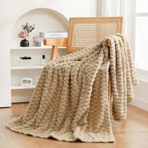 Beige Throw Blanket 50"60" inches Fuzzy 3D Jacquard Decorative Flannel Fleece Super Soft Plush Cozy Blanket for Couch Sofa Chair Lightweight,Khaki