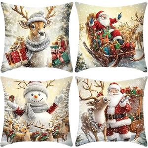 Christmas Pillow Covers 18x18 inch Set of 4, Christmas Decorations Snowman Santa Elk Sleigh Truck Plaid Winter Holiday Decor, Merry Christmas Throw Cushion Cases for Sofa Couch Living Room Home Decor (White)