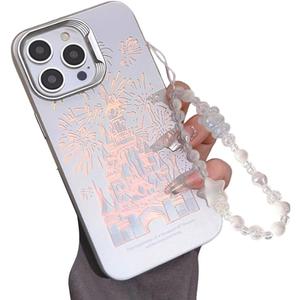 Casechics Compatible with iPhone Case,Cute Laser Glitter Bling Sparkly Castle Wristband Strap Bracelet Chain[Military Drop & Full Body Protection] Shockproof Cover Phone Case (Silver,iPhone 15 Pro)