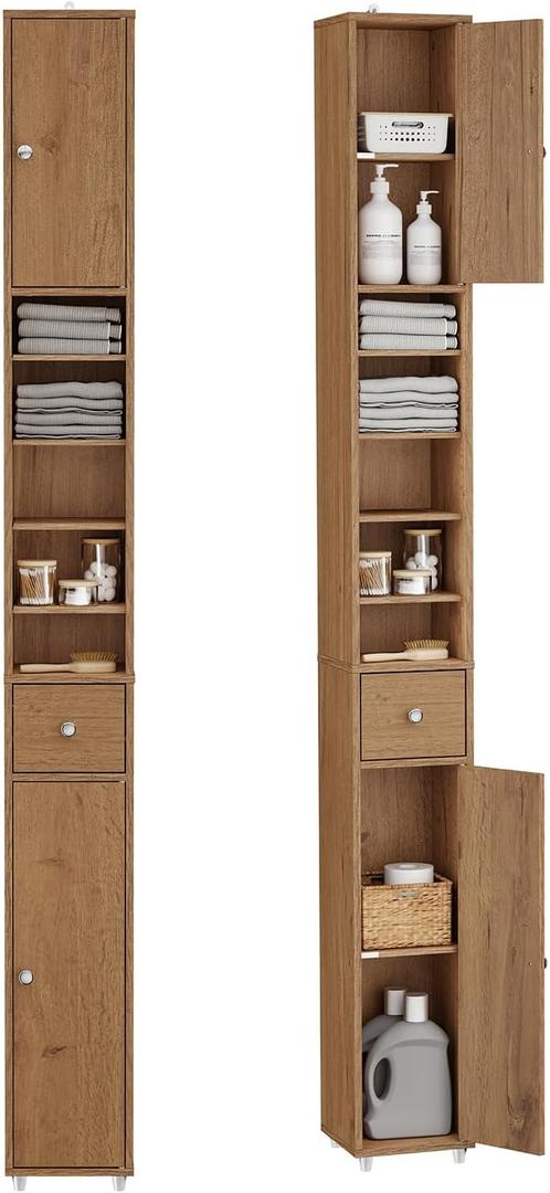 SoBuy Bathroom Narrow Storage Cabinet Skinny Tall Unit with Adjustable Shelves Slender Anti-Tipping Floor Standing Cupboard, Natural BZR34-PF, Color: Natural
