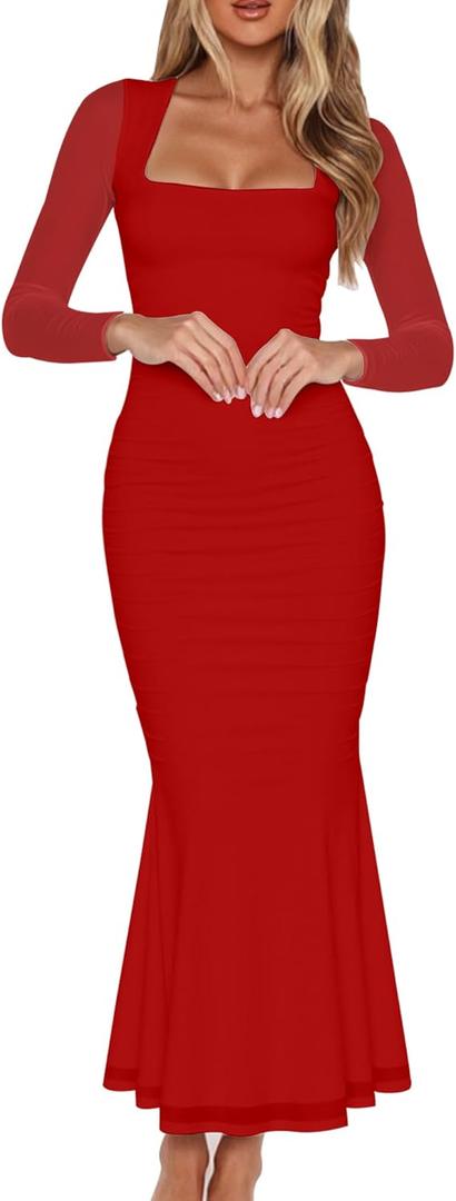 BORIFLORS Women's Ruched Bodycon Long Sleeve Maxi Dress Mesh Square Neck Cocktail Party Long Dresses (Red), Small