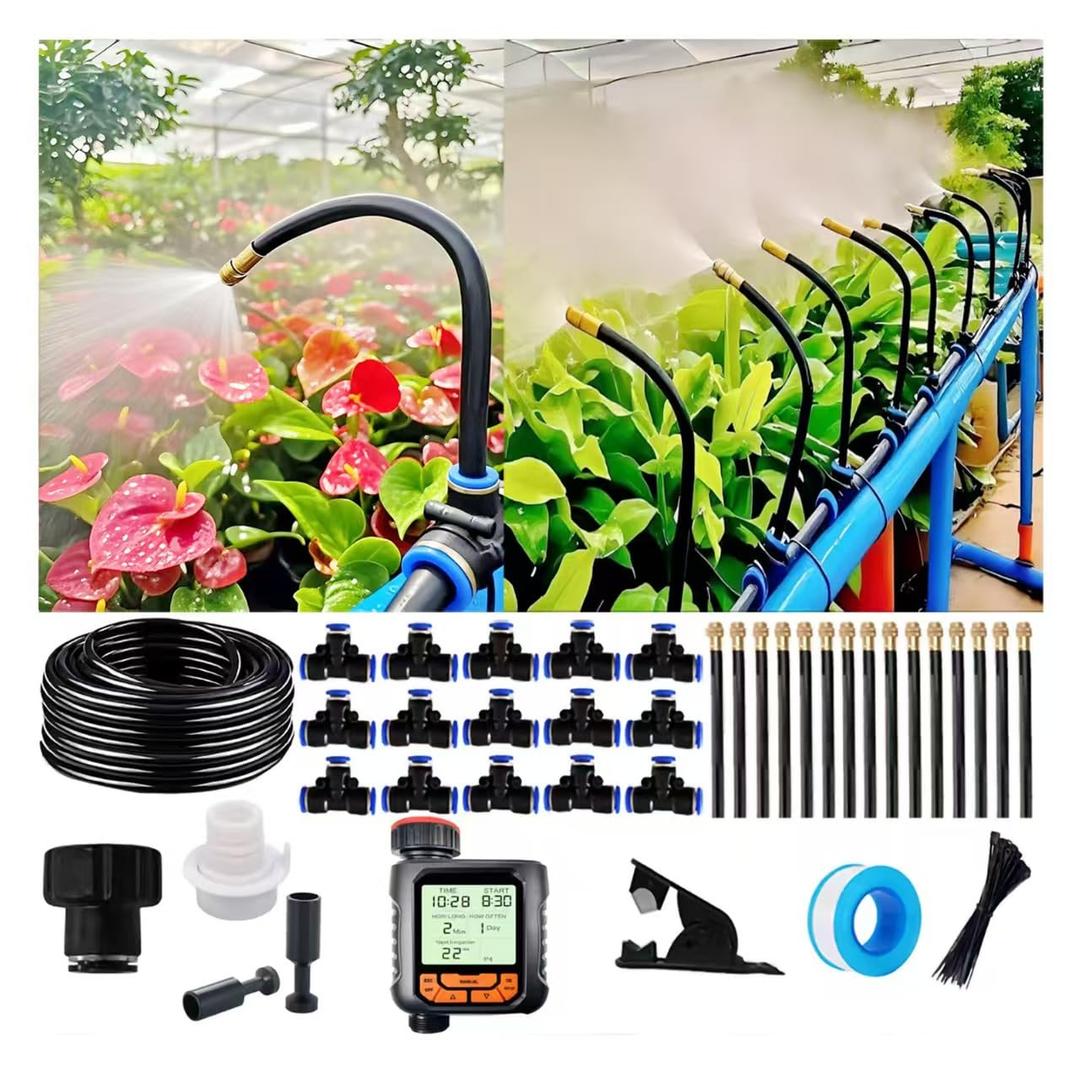 Drip Irrigation Kit Automatic Watering System for Potted Plants, 360 Degree Adjustable Copper Micro Sprinklers, Quick Connect Tubing Fittings for Garden, Lawn, Patio, Balcony(Timer )