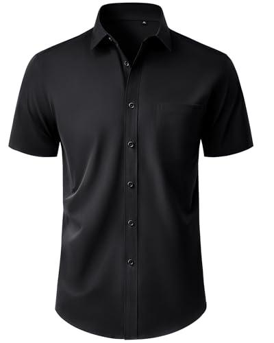 Alimens & Gentle Mens Black Button Down Shirt Short Sleeve Wedding Business Formal Summer Button Down Shirt with Pocket, 3XL