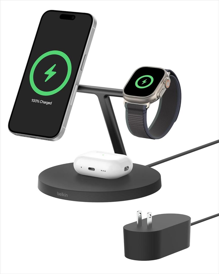 Belkin MagSafe-Compatible Charger, 3-in-1 Wireless Charging Station, Qi2-Certified 15W Wireless Charge for Apple iPhone 17 Series, Apple Watch, AirPods w/Non-Slip Base, 40W Included - Black