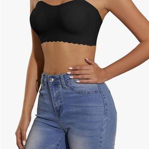 Women's Scallop Trim Strapless Bandeau Bra Non Slip Padded Wireless Bralettes with Clear Straps, M