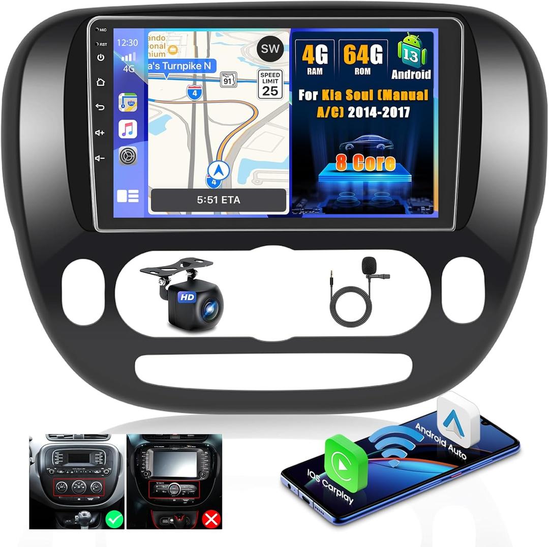 [8 Core 4G+64G] Android 15 Car Stereo for Kia Soul 2014-2017 with Wireless Carplay Android Auto, 9 Inch HD Touchscreen Car Radio with GPS WiFi Bluetooth FM/RDS DSP SWC Backup Camera MIC