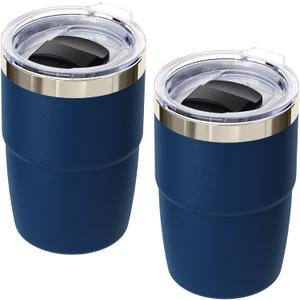 8 oz Small Coffee Cup with Magnetic Lid, Ceramic-Lined 18/8 Stainless Steel, Double-Wall Vacuum Insulated, Stackable, Dishwasher Safe, Mini Tumbler for On-the-Go, 2 Pack, Navy