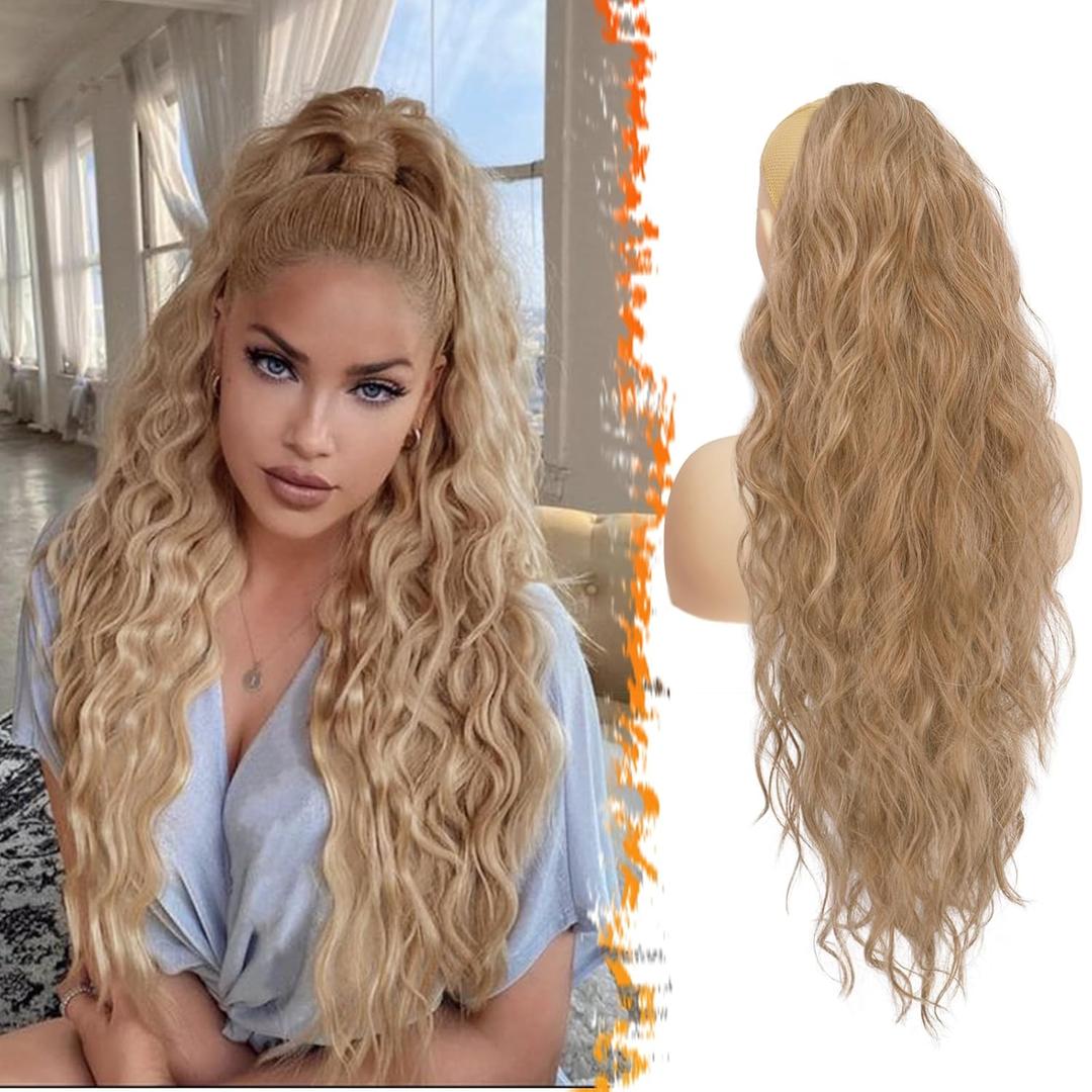 BARSDAR Long Blonde Ponytail Extension - 26 Inch Curly Wavy Drawstring Ponytail Hair Extensions for Women - Synthetic Clip in Pony Tails Hairpieces Daily Party- Strawberry Blonde Mixed