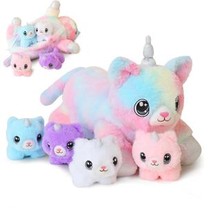 SQEQE Unicorn Cat Plush Mommy Cat Unicorn with 4 Cute Baby Kittens - Plushies Birthday Gifts for Boys and Girls