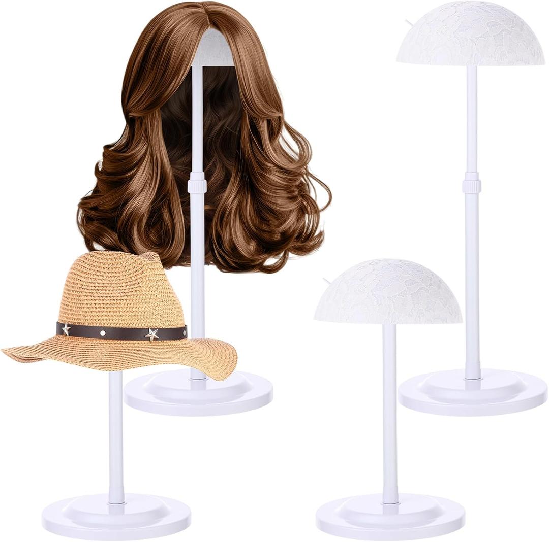 Geelin 4 Pack Wig Stand 9.8"-18.9" Adjustable Height Wig Head Holder Non Slip Portable Hat/cap Display Stand for Multiple Wigs(White)