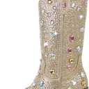 Richealnana Sparkly Gem Rhinestones Calf Mid High Boots for Women Cowboy Cowgirl Boots for Women 2INCH Heeled Pull Tabs Boots Gem (Gold, Size 8)