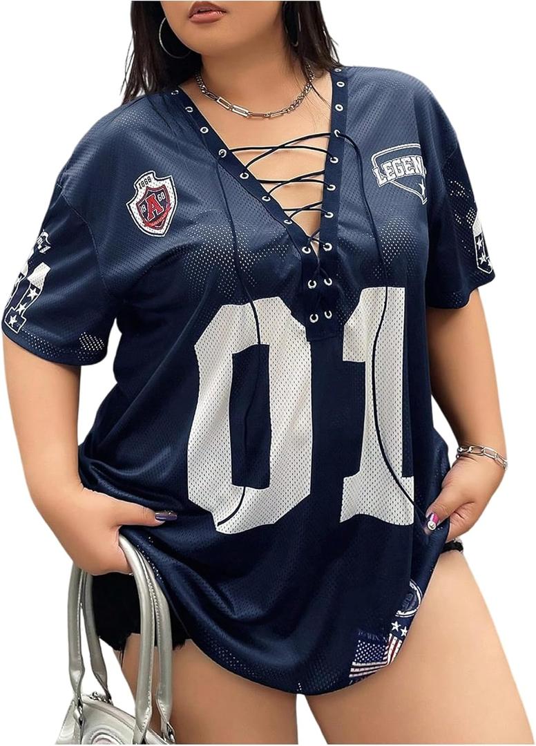 Floerns Women's Plus Size Number Jersey Shirts V Neck Lace Up Front Streetwear Tee Tops (Dark Blue) 4XL Plus 
