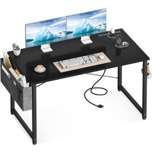 ODK Computer Desk - 48" Office Writing Desk for Home, Student Study Desk with Storage Bag, Headphone Hook & Power Outlets, Modern Simple Table for Bedroom, Black (48", Black)