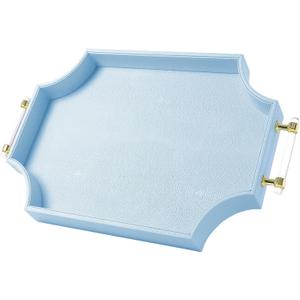 22.6'' × 13'' Coffee Table Tray Shagreen Decorative Tray for Ottoman Home Decor Serving Tray with Acrylic Gold Handles Modern Elegant Scalloped Large Ottoman Tray