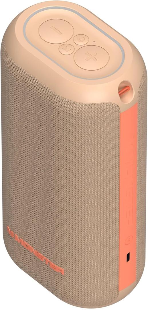 Monster DNA One Portable Bluetooth Speaker, Loud Portable Speaker with 360 Bass Sound and 10W Qi Certified Wireless Charging Pad, IP67 Waterproof- for Travel, Indoor and Outdoor Use (Tan/Neon Orange)