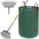 Adjustable Garden Rake for Leaves 36-73" Long Handle, 18" Wide, Heavy Duty with 25 Metal Tines Includes 32Gallon Leaf BagsDesigned for Lawns, Grass, Shrubs Flower Beds
