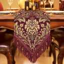 Loom and Mill Luxury Jacquard Table Runner 72 inches Long, Thick Fabric Damask Dining Table Runners with Beads & Tassels for Holiday Table Setting Kitchen Dresser Party Decor(Burgundy Red,13x 72)