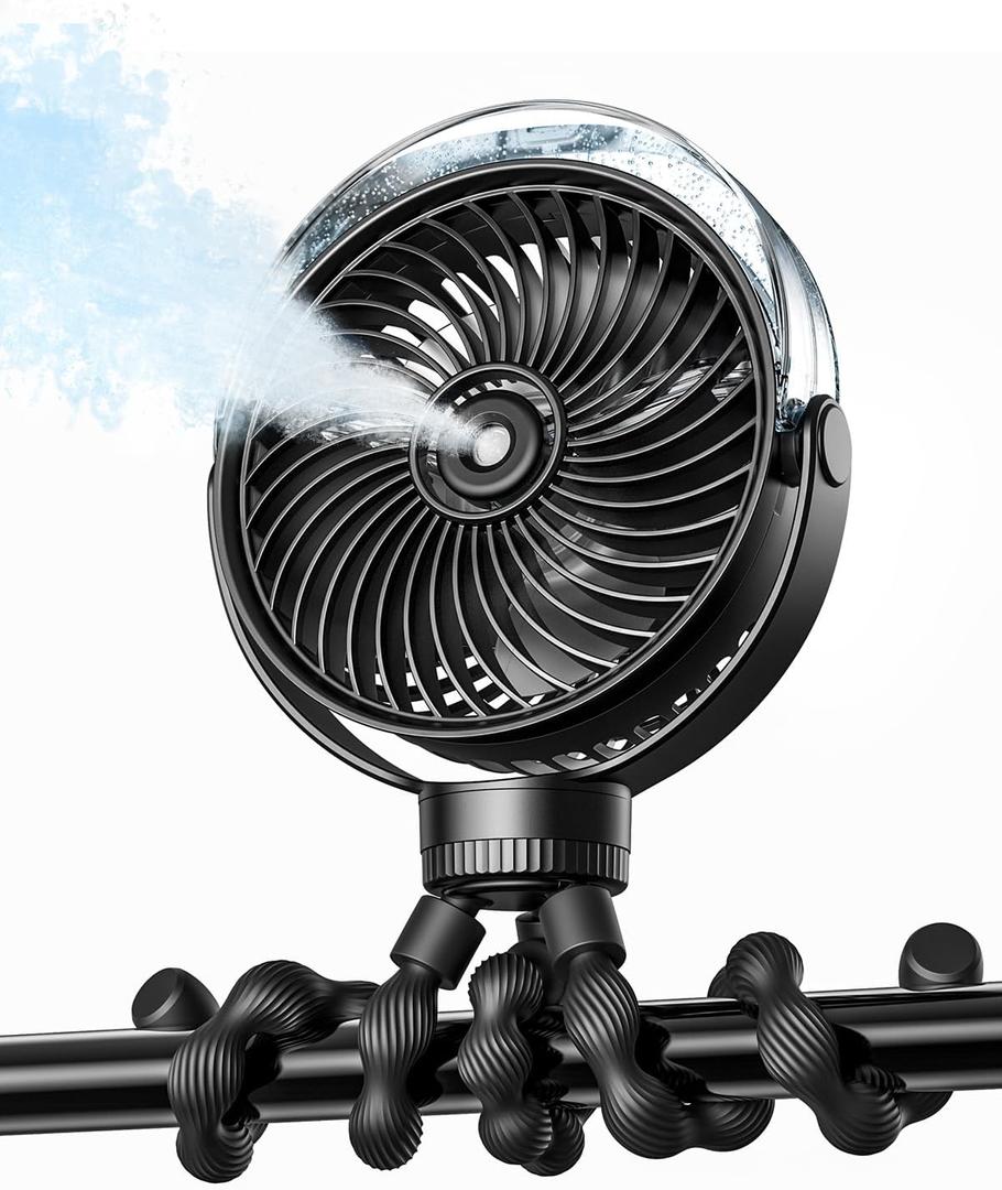 SWEETFULL Misting Stroller Fan  Portable Baby Fan with Spray Cooling, 4 Speeds, Quiet Rechargeable Fans for Travel, Outdoor, Golf Cart, Car Seat, Beach (Black)