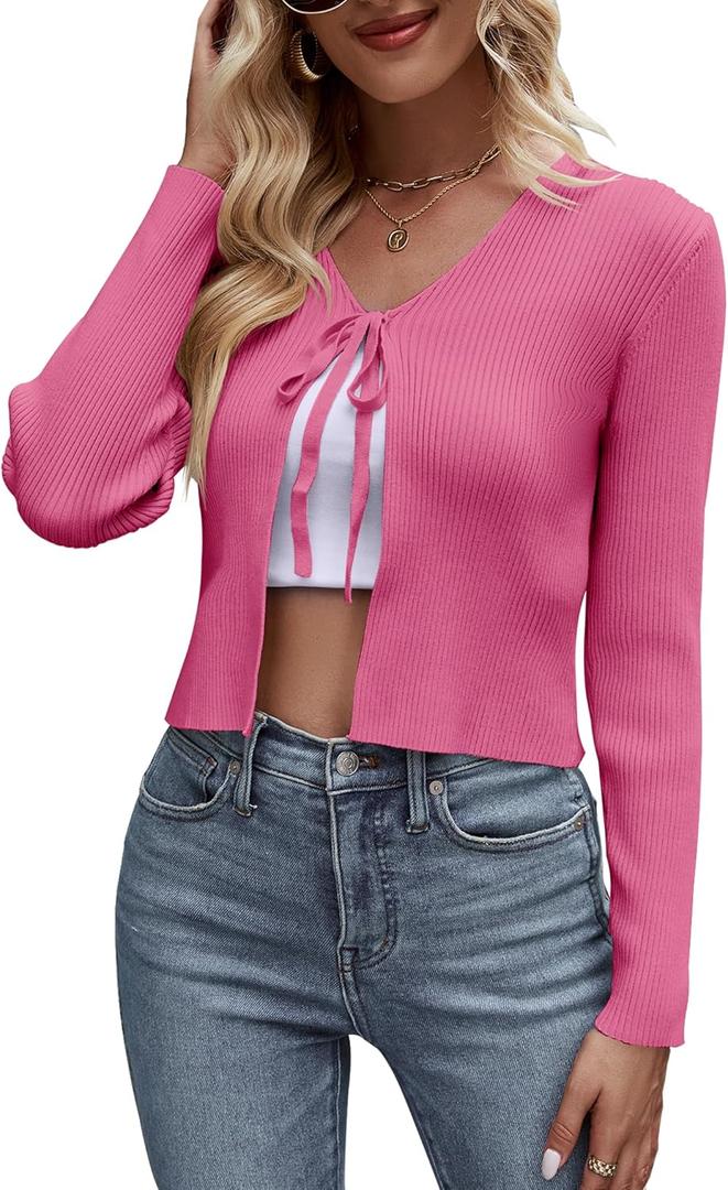 Womens Tie Front Cardigan Long Sleeve Rib Knit Shrug for Dress Sweaters Crop Tops (Small, Rose)