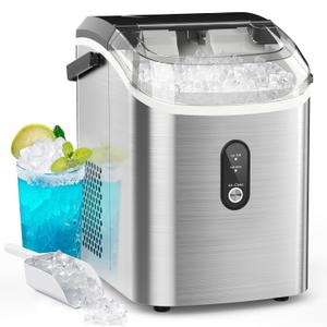 Kndko Nugget Ice Maker Countertop with Handle, Ready in 6 Mins, 35lbs Per Day, Pebble Ice Machine with Soft Chewable Ice, Self-Cleaning, One-Click Operation, for Home/Party/RV/Camping (Silver)