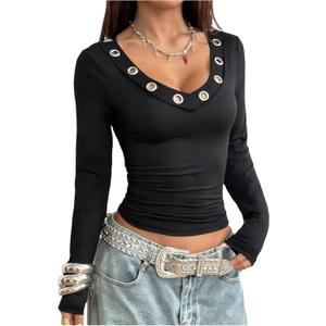 BEAUDRM Women's Y2k Grommet Eyelet Crop T Shirts Long Sleeve V Neck Fitted Going Out Tops Streetwear, XS