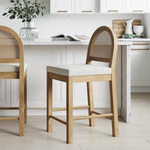 Nathan James Bailey Boucle Upholstered Rattan Bar Stool, Counter Height Stool with Natural Rattan Woven Back For Kitchen Island, Light Brown, 
21"D x 17"W x 39"H