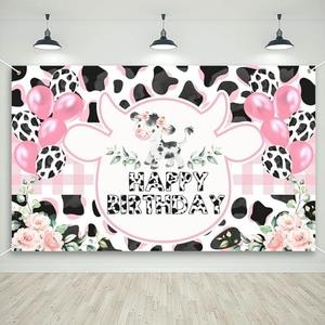Mocsicka Cow Birthday Banner for Girls Pink Holy Cow Print Backdrop Party Decoration Cow Spot Balloon Birthday Photography Background (Pink, 70.8 x 43.3 Inch)