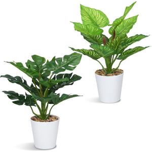 2PCS 12.2" Tall Artificial Monstera Plants for Office, Fake Plants Artificial Potted Plant Bathroom Decor Indoor Faux Tropical Plant Realistic Artificials for Home Office Table Bathroom Shelf Desktop