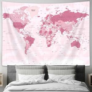 Drgilau Old World Map Tapestry, Pink Map Educational Wall Tapestry Vintage Asia Europe South City Topography America Africa Wall Decor, Map of World Wall Art for Living Room Office 90X70 Inch (90L" x 70W")